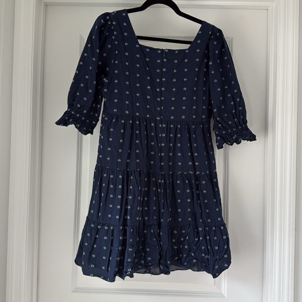 Madewell Dark Blue Dress with White Stitched Pattern | Summer Preppy Coastal - Picture 4 of 5
